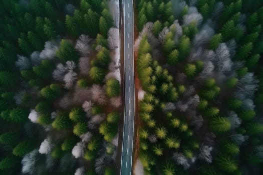 Drone shot above beautiful pine forest road at summer day. Neural network generated in May 2023. Not based on any actual person, scene or pattern.