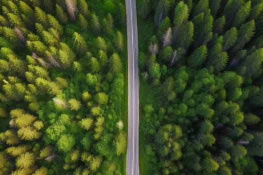 Drone shot above beautiful pine forest road at summer day. Neural network generated in May 2023. Not based on any actual person, scene or pattern.