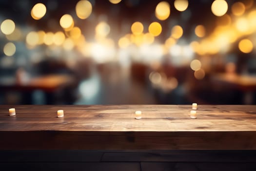 Empty unpainted wooden table top with lights bokeh on blury background. Neural network generated in May 2023. Not based on any actual person, scene or pattern.