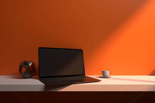 Laptop computer on desk in office in front of an orange wall. Neural network generated in May 2023. Not based on any actual person, scene or pattern.