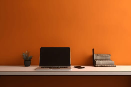 Laptop computer on desk in office in front of an orange wall. Neural network generated in May 2023. Not based on any actual person, scene or pattern.