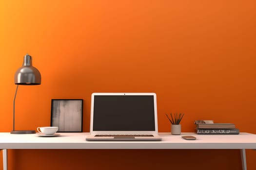 Laptop computer on desk in office in front of an orange wall. Neural network generated in May 2023. Not based on any actual person, scene or pattern.