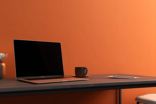 Laptop computer on desk in office in front of an orange wall. Neural network generated in May 2023. Not based on any actual person, scene or pattern.