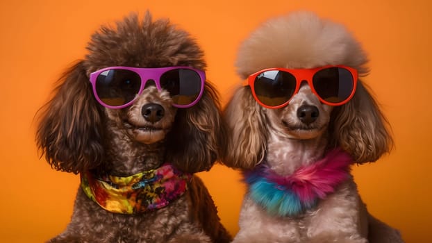 Two poodles with funky sunglasses on orange background. Neural network generated in May 2023. Not based on any actual person, scene or pattern.