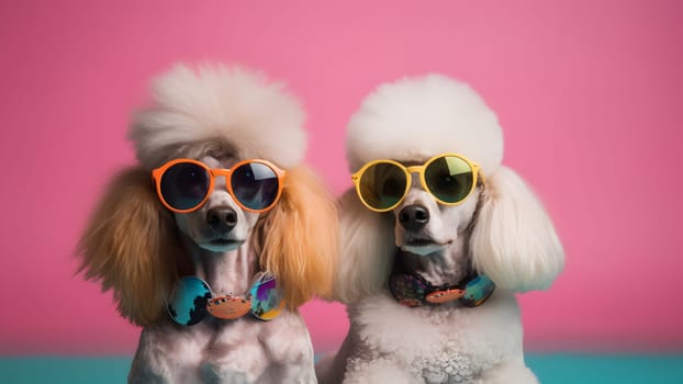 Two poodles with funky sunglasses on pink background. Neural network generated in May 2023. Not based on any actual person, scene or pattern.