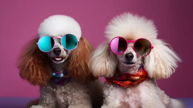 Two poodles with funky sunglasses on violet background. Neural network generated in May 2023. Not based on any actual person, scene or pattern.
