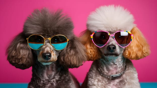 Two poodles with funky sunglasses on pink background. Neural network generated in May 2023. Not based on any actual person, scene or pattern.