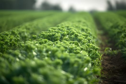 Rows of green crops with selective focus at summer day light. Neural network generated in May 2023. Not based on any actual person, scene or pattern.