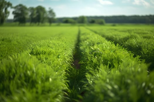 Rows of green crops with selective focus at summer day light. Neural network generated in May 2023. Not based on any actual person, scene or pattern.