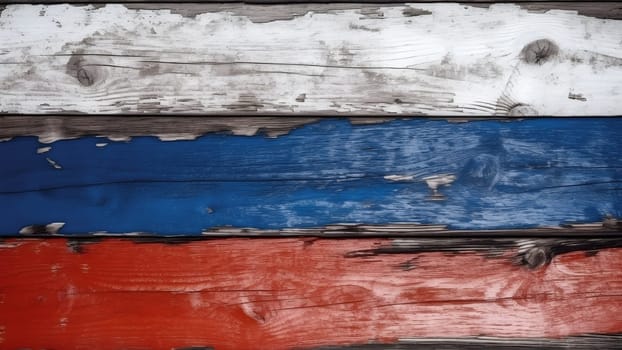 Russian flag colored barn wall, decayed old flaking paint on rotten wood surface. Neural network generated in May 2023. Not based on any actual person, scene or pattern.