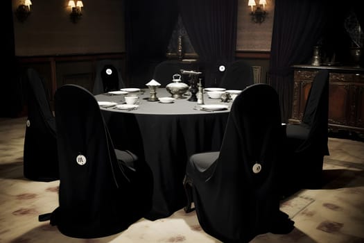 Secret society black round table with mysterious symbols, candles. Neural network generated in May 2023. Not based on any actual person, scene or pattern.