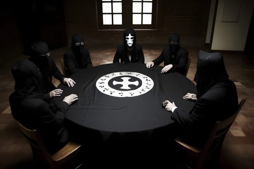 Secret society at a round table sitting in long black robes with hoods and masks. Neural network generated in May 2023. Not based on any actual person, scene or pattern.