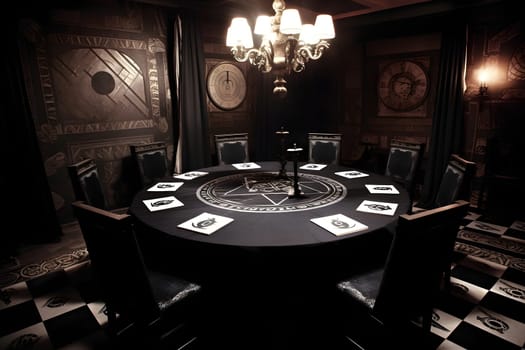 Secret society black round table with mysterious symbols, candles. Neural network generated in May 2023. Not based on any actual person, scene or pattern.