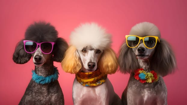 Three poodles with funky sunglasses on pink background. Neural network generated in May 2023. Not based on any actual person, scene or pattern.