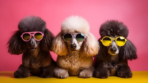 Three poodles with funky sunglasses on pink background. Neural network generated in May 2023. Not based on any actual person, scene or pattern.