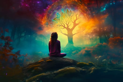 Woman meditating with colourful nature energy appearing around. Neural network generated in May 2023. Not based on any actual person, scene or pattern.