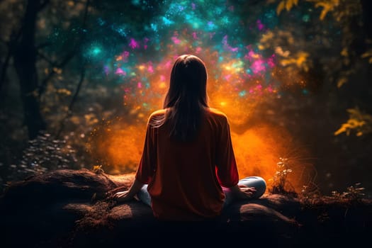 Woman meditating with colourful nature energy appearing around. Neural network generated in May 2023. Not based on any actual person, scene or pattern.