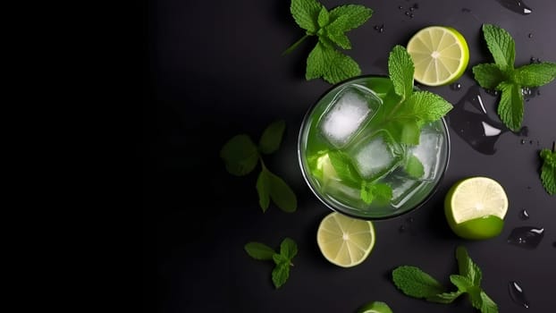Top view of refreshing mint cocktail mojito in a glass on black background with lime, mint leaves and ice. Neural network generated in May 2023. Not based on any actual scene or pattern.