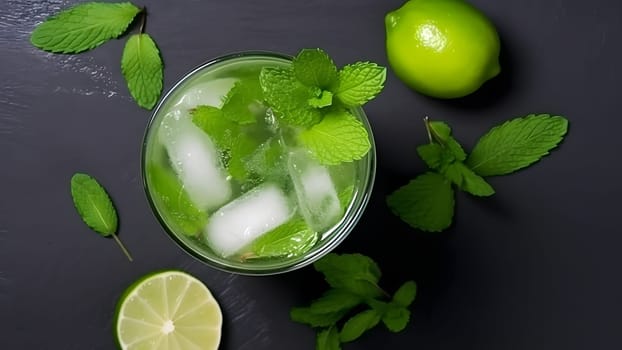 Top view of refreshing mint cocktail mojito in a glass on black background with lime, mint leaves and ice. Neural network generated in May 2023. Not based on any actual scene or pattern.