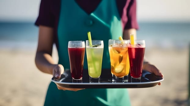 midsection of waitress carrying cocktails on summer sandy beach at day light. Neural network generated in May 2023. Not based on any actual person, scene or pattern.