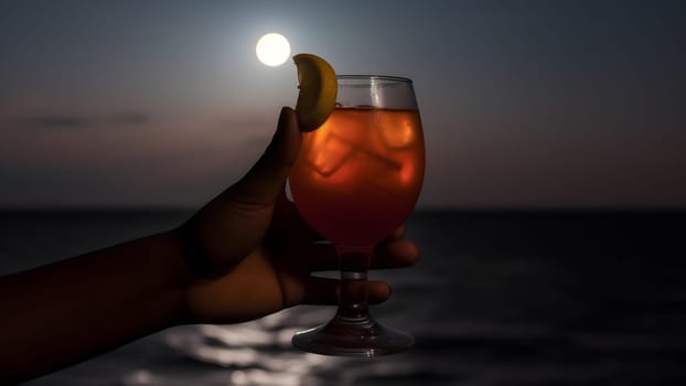 african american hand holding glass of cocktail on blurry sea horizon background at full moon night. Neural network generated in May 2023. Not based on any actual person, scene or pattern.
