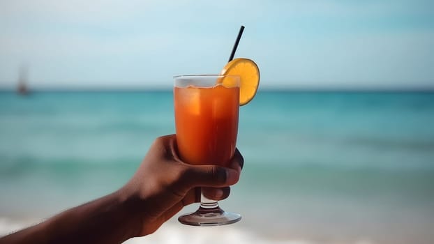 african american hand holding glass of cocktail on blurry sea horizon background at sunny day. Neural network generated in May 2023. Not based on any actual person, scene or pattern.