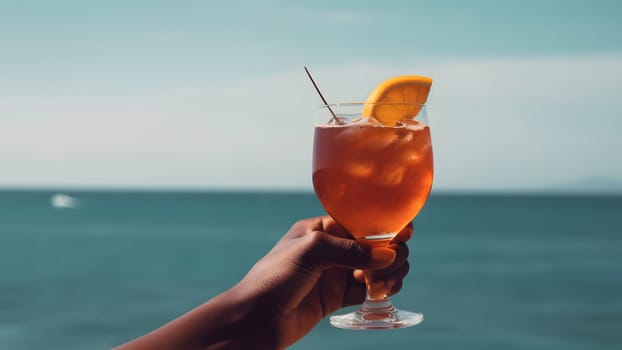african american hand holding glass of cocktail on blurry sea horizon background at sunny day. Neural network generated in May 2023. Not based on any actual person, scene or pattern.
