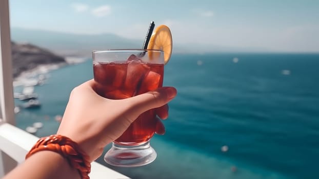 caucasian woman hand holding glass of cocktail on blurry sea shoreline background at sunny day. Neural network generated in May 2023. Not based on any actual person, scene or pattern.