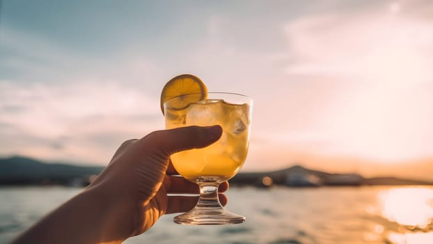 caucasian hand holding glass of yellow cocktail on blurry sea horizon background at sunny morning. Neural network generated in May 2023. Not based on any actual person, scene or pattern.