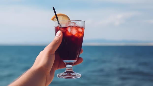 caucasian hand holding glass of red fruit cocktail on blurry sea horizon background at sunny day. Neural network generated in May 2023. Not based on any actual person, scene or pattern.