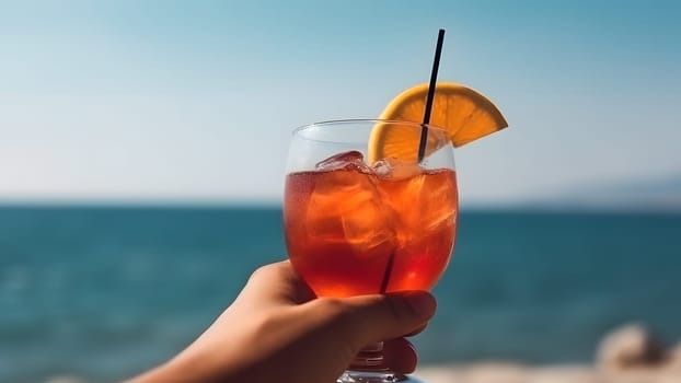 caucasian hand holding glass of red fruit cocktail on blurry sea horizon background at sunny day. Neural network generated in May 2023. Not based on any actual person, scene or pattern.