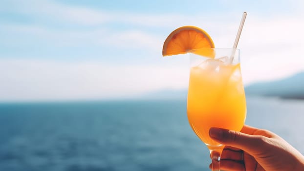 caucasian woman hand holding glass of red fruit cocktail on blurry sea horizon background at sunny day. Neural network generated in May 2023. Not based on any actual person, scene or pattern.