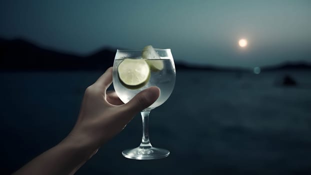 white woman hand holding glass of cocktail on blurry sea horizon background at full moon night. Neural network generated in May 2023. Not based on any actual person, scene or pattern.