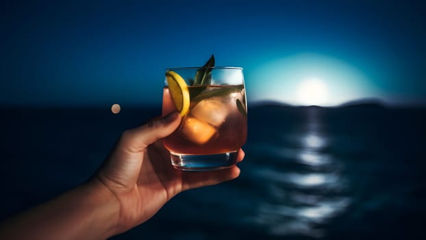 hand holding glass of cocktail on blurry sea horizon background at full moon night. Neural network generated in May 2023. Not based on any actual person, scene or pattern.