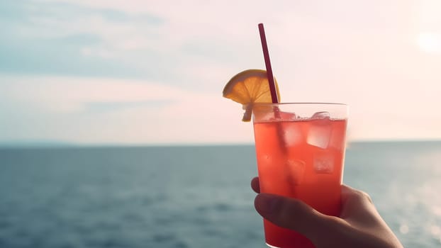 caucasian hand holding glass of red fruit cocktail on blurry sea horizon background at sunny day. Neural network generated in May 2023. Not based on any actual person, scene or pattern.