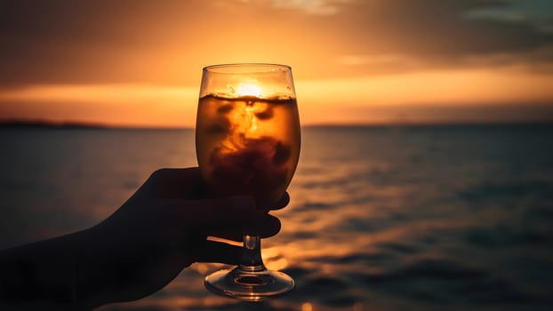 hand holding glass of cocktail on blurry sea horizon background at sunset. Neural network generated in May 2023. Not based on any actual person, scene or pattern.