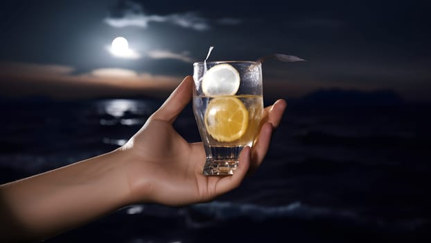 white woman hand holding glass of cocktail on blurry sea horizon background at full moon night. Neural network generated in May 2023. Not based on any actual person, scene or pattern.