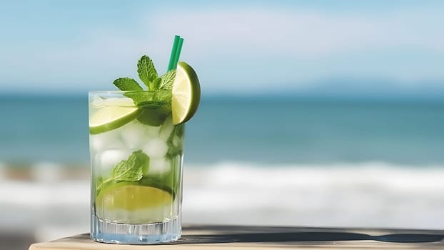 glass of refreshing mint mojito drink on sea background at sunny day, closeup with selective focus and copy space. Neural network generated in May 2023. Not based on any actual scene or pattern.