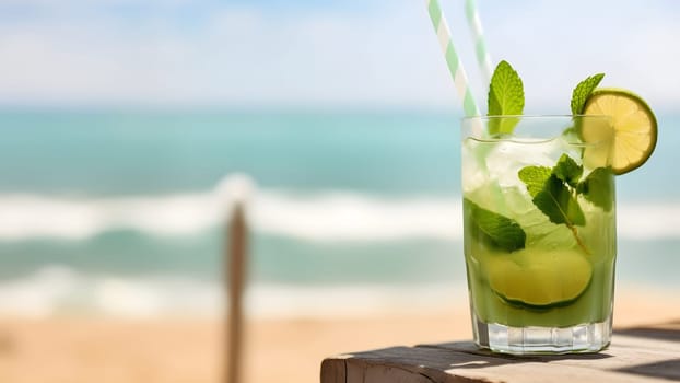 glass of refreshing mint mojito drink on sea background at sunny day, closeup with selective focus and copy space. Neural network generated in May 2023. Not based on any actual scene or pattern.