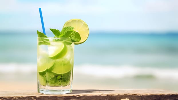 glass of refreshing mint mojito drink on sea background at sunny day, closeup with selective focus and copy space. Neural network generated in May 2023. Not based on any actual scene or pattern.