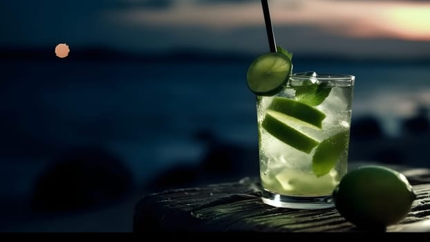 glass of refreshing mint mojito drink on sea background at summer night, closeup with selective focus and copy space. Neural network generated in May 2023. Not based on any actual scene or pattern.