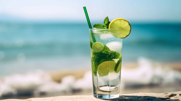 glass of refreshing mint mojito drink on sea background at sunny day, closeup with selective focus and copy space. Neural network generated in May 2023. Not based on any actual scene or pattern.