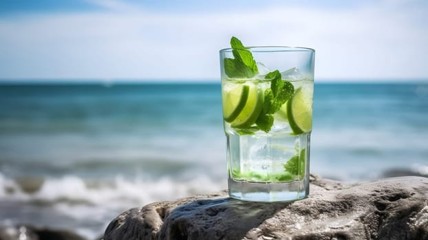 glass of refreshing mint mojito drink on sea background at sunny day, closeup with selective focus and copy space. Neural network generated in May 2023. Not based on any actual scene or pattern.