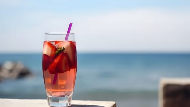 A glass of strawberries cold refreshing drink on sea background at sunny summer day. Neural network generated in May 2023. Not based on any actual person, scene or pattern.