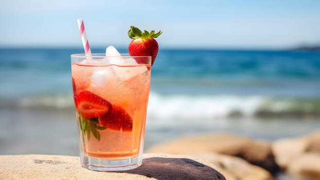 A glass of strawberries cold refreshing drink on sea background at sunny summer day. Neural network generated in May 2023. Not based on any actual person, scene or pattern.