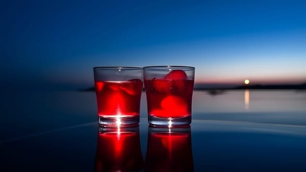 Two glasses of strawberries cold refreshing drink on sea background at summer sunset. Neural network generated in May 2023. Not based on any actual person, scene or pattern.
