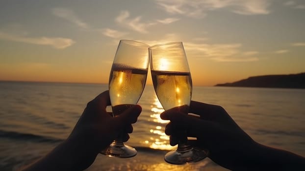 Two caucasian hands holding champagne glasses over the sea. Romantic vacation. Neural network generated in May 2023. Not based on any actual person, scene or pattern.