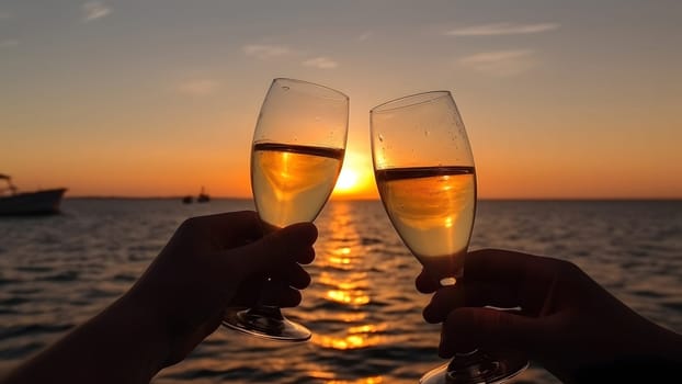 Two caucasian hands holding champagne glasses over the sea. Romantic vacation. Neural network generated in May 2023. Not based on any actual person, scene or pattern.
