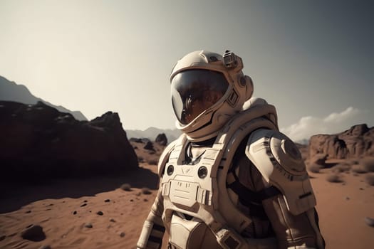 Astronaut in space suit on martian surface at day light. Neural network generated in May 2023. Not based on any actual person, scene or pattern.