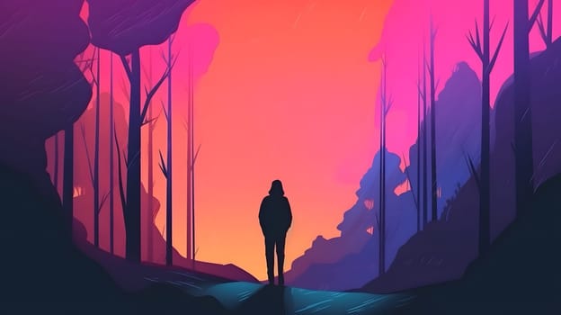 generic low-fi synthvawe gradient sunset landscape in neon colors with human silhouette in forest. Neural network generated in May 2023. Not based on any actual person, scene or pattern.